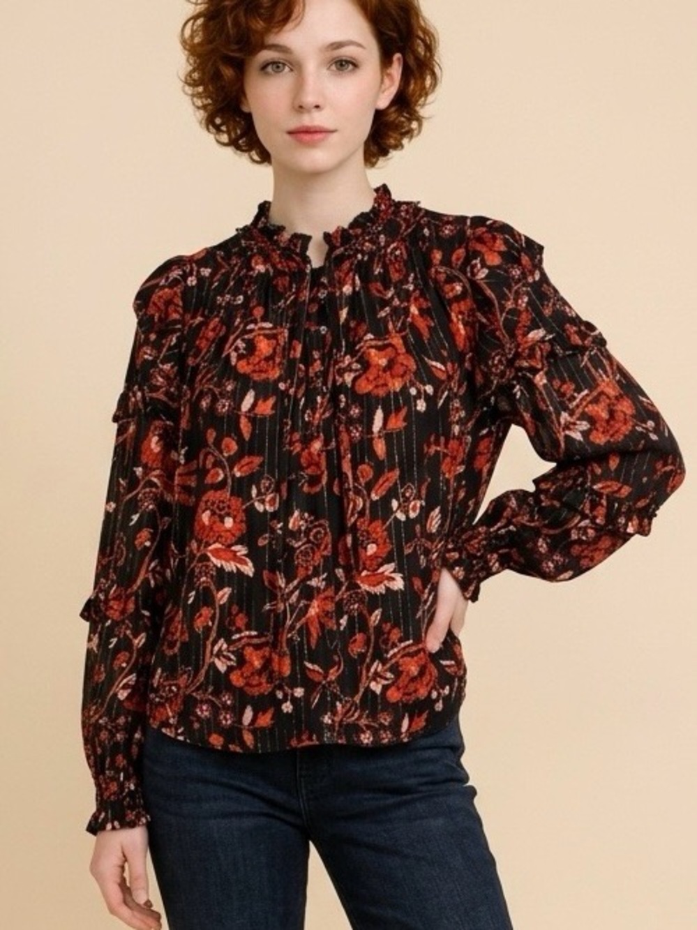 Jennifer & Grace Smocked Ruffle-Neck Floral Blouse - Black with Rust Floral